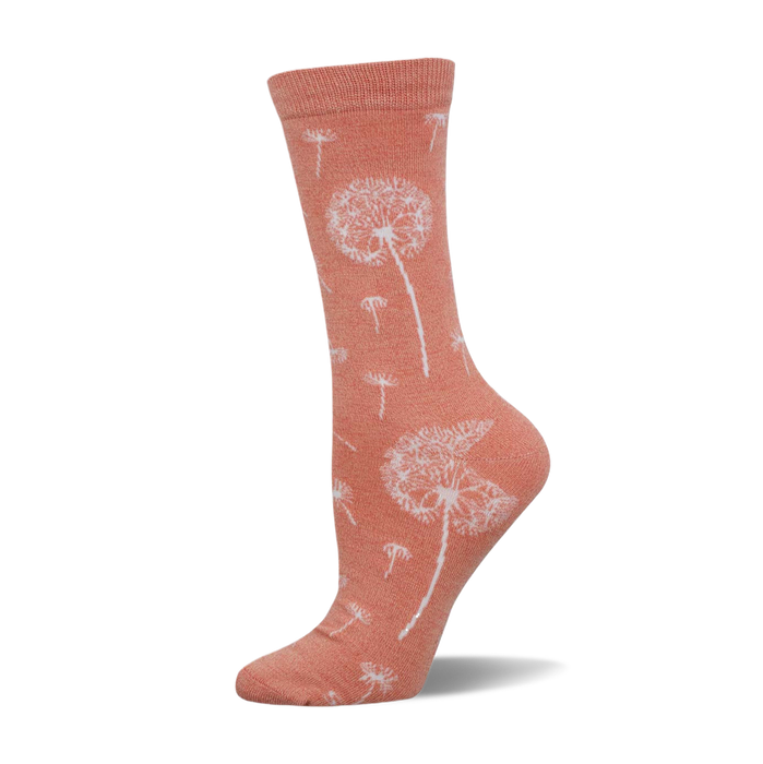 Coral crew socks with a whimsical white dandelion print. Perfect for adding a touch of springtime cheer to any outfit! }}