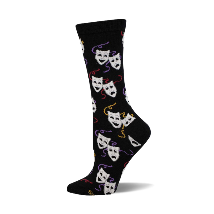 Black crew socks with a repeating pattern of white comedy and tragedy masks and colorful ribbons. }}