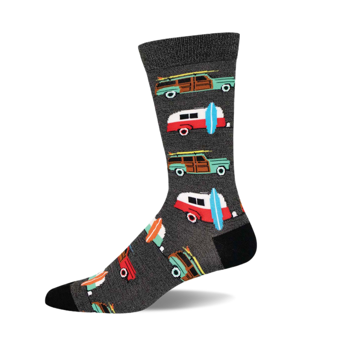 Charcoal grey crew socks with colorful vintage station wagons, surfboards, and teal accents. }}