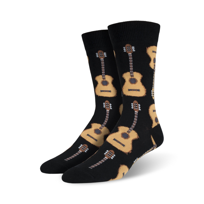 men's black xl crew socks with a brown guitar pattern.    }}