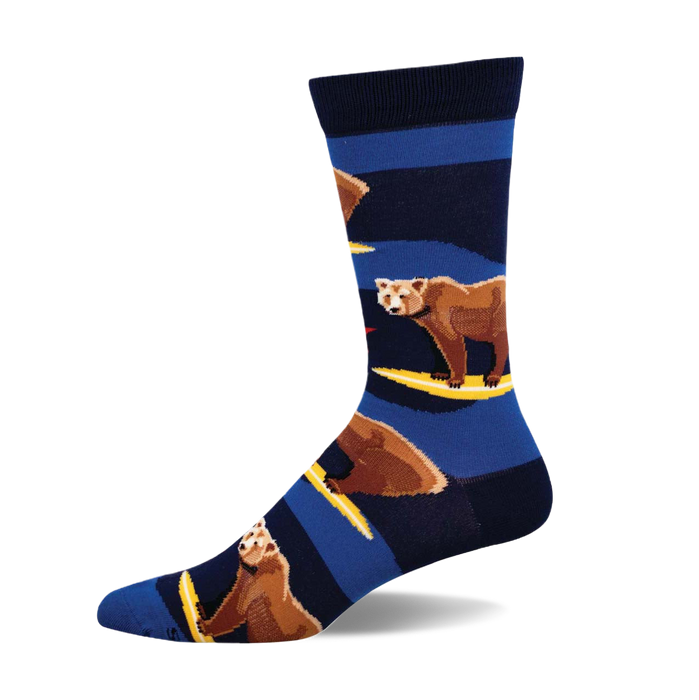 Crew socks in navy blue and royal blue with a pattern of brown bears surfing on yellow surfboards. }}