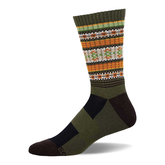 Crew sock, olive green, orange, and cream with dark brown accents. Features Serape pattern of geometric stripes and shapes. }}