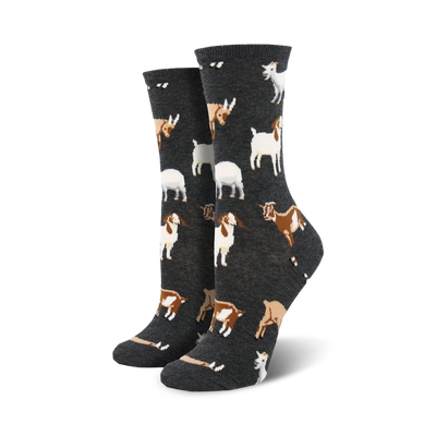 Pair of crew socks, grey background, featuring a repeating pattern of brown and white goats.