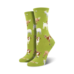 Lifestyle shot of Silly Billy goat socks on a person's feet; socks are lime green.