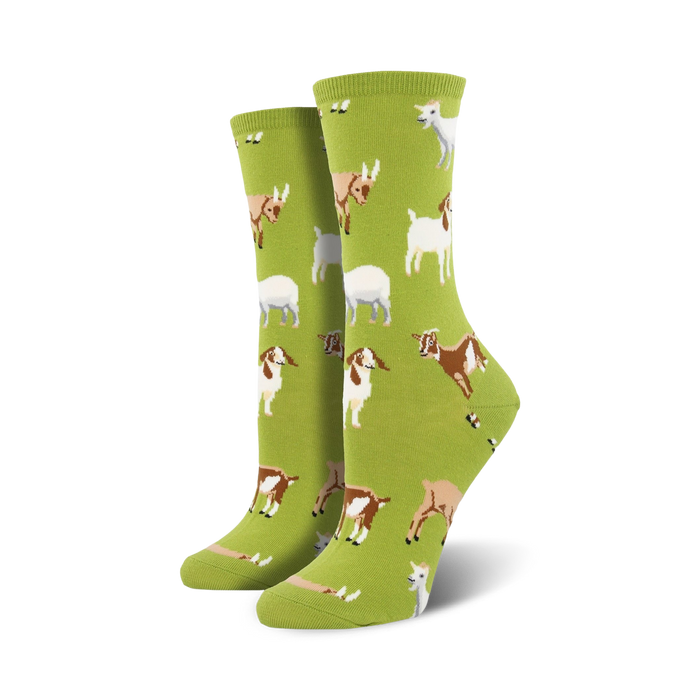 Lifestyle shot of Silly Billy goat socks on a person's feet; socks are lime green.