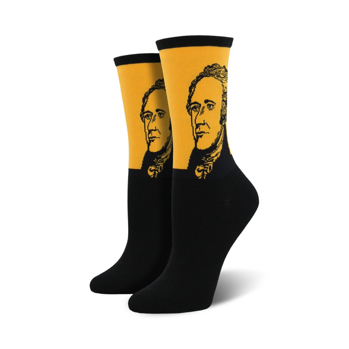 hamilton portrait black and gold crew socks in women's sizing.   }}