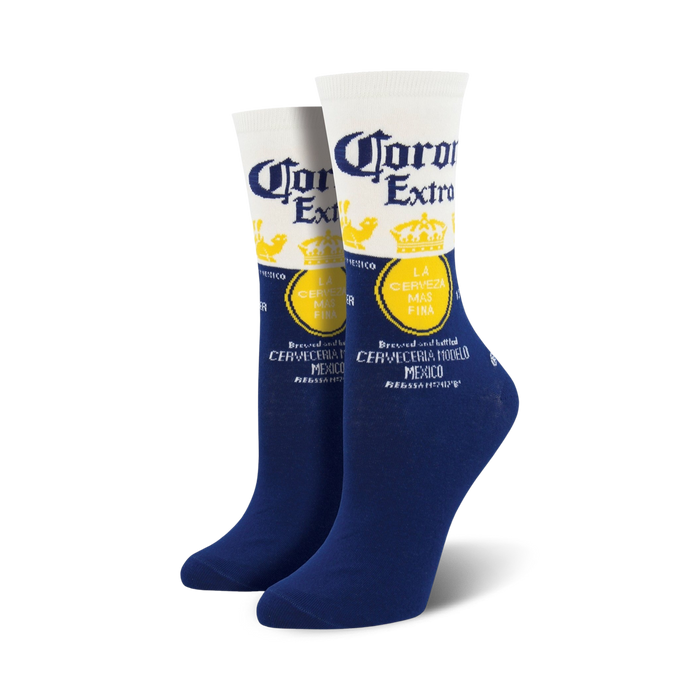 women's blue and white crew length novelty socks with repeated yellow and blue crown logo label.     }}