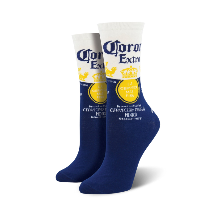 Pair of crew socks showcasing the Corona Extra beer label. The socks are predominantly navy blue with white and yellow accents. }}