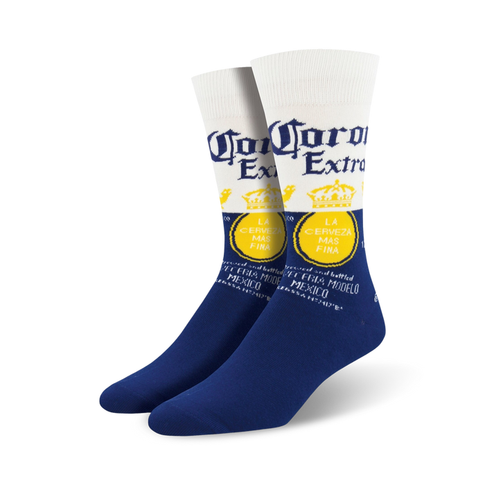 white crew socks with blue toe, heel and cuff, featuring a pattern of yellow and blue beer bottles with text.    