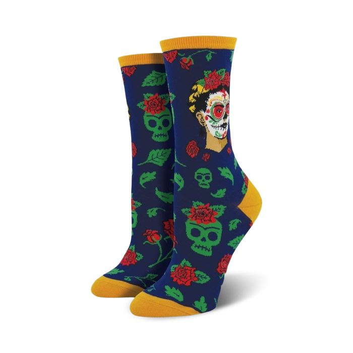 dia de los frida crew socks for women feature frida kahlo's face and floral skull pattern in red, green, and light blue.    }}