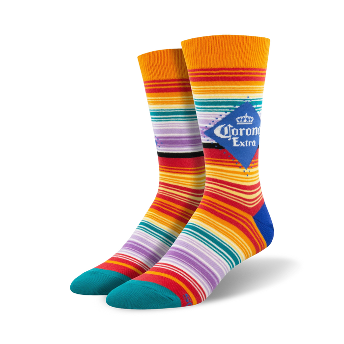 orange, red, purple, green, light blue, and teal striped crew socks with corona extra logo.   }}