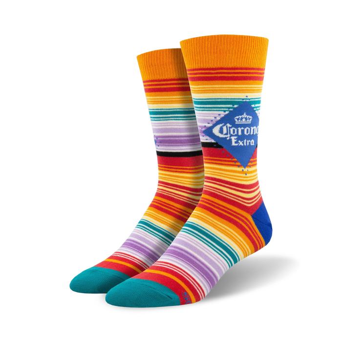 Pair of crew socks with multicolor stripes in orange, red, purple, and teal, featuring a Corona Extra logo. }}