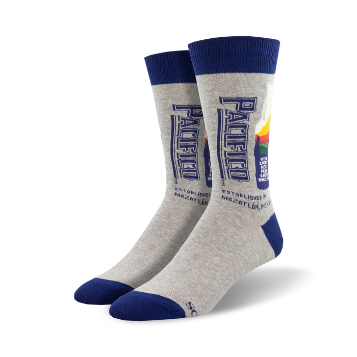 men's crew socks with pacifico bottle, beach, and sunset design in gray with blue trim    }}