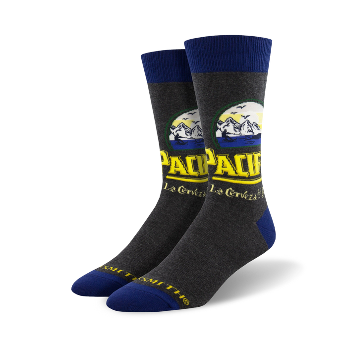 men's crew socks, black with yellow and blue logo featuring pacifico beer logo on front.   }}