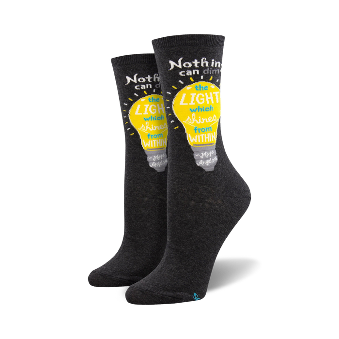 womens' gray crew socks with yellow light bulb featuring maya angelou quote.    }}