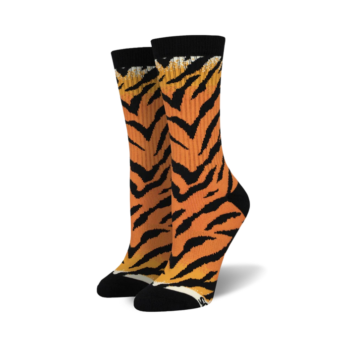 crew socks with orange and black tiger stripe pattern. for men and women.   