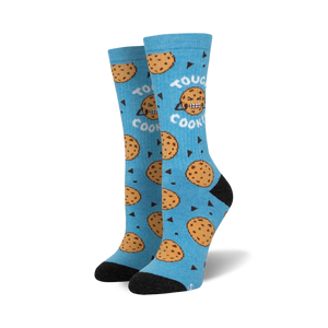 blue tough cookie crew socks, with a chocolate chip cookie pattern and 