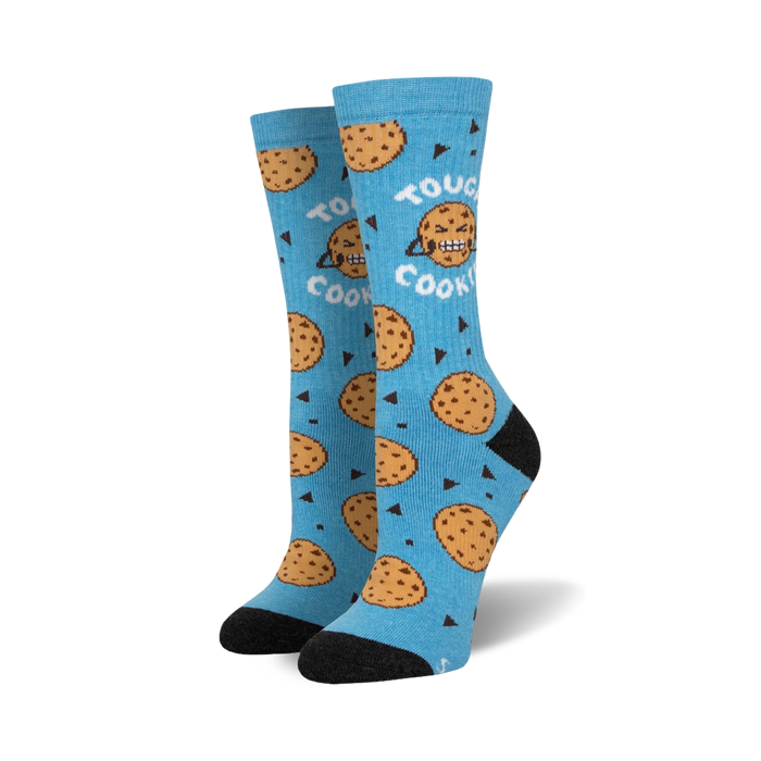blue tough cookie crew socks, with a chocolate chip cookie pattern and 