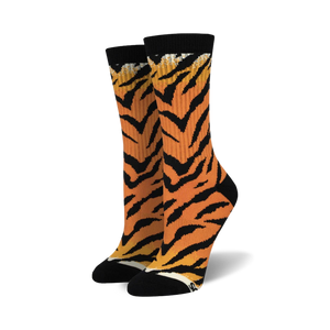 orange and black crew socks with tiger stripe pattern for men and women.   