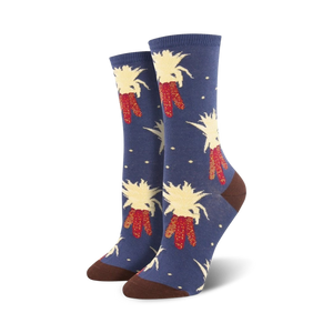 Lifestyle shot showing the navy blue Harvest Corn socks on a model's feet.