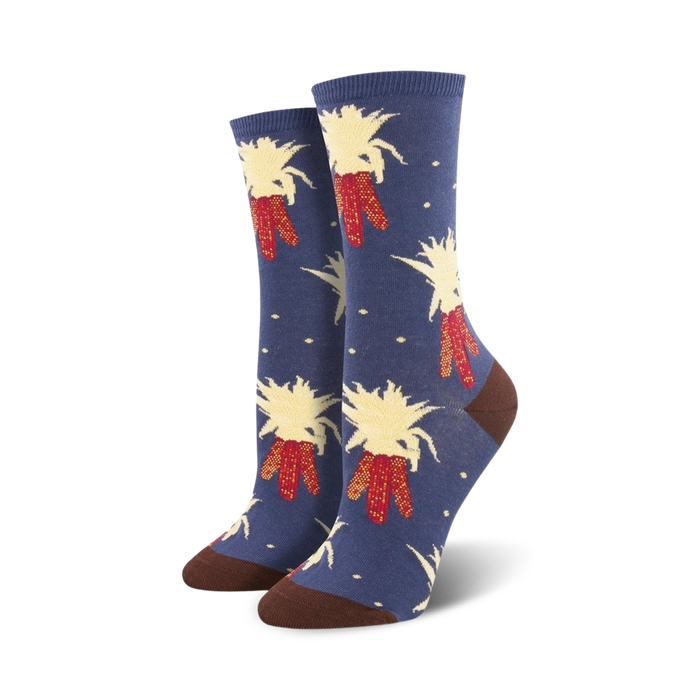 Lifestyle shot showing the navy blue Harvest Corn socks on a model's feet.