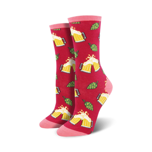 Pair of crew socks; red and pink or grey and black; features pixelated beer mugs and hops.
