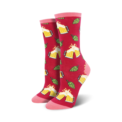 Pair of crew socks; red and pink or grey and black; features pixelated beer mugs and hops.