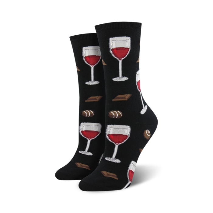 womens crew socks in black with a pattern of cartoonish wine glasses and chocolate bars.    }}