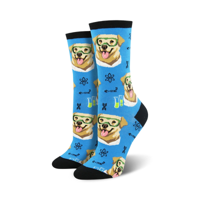 Pair of crew socks featuring a light-brown lab-coat-wearing dog pattern on a light-blue background. Design includes beakers, atoms, and DNA strands.