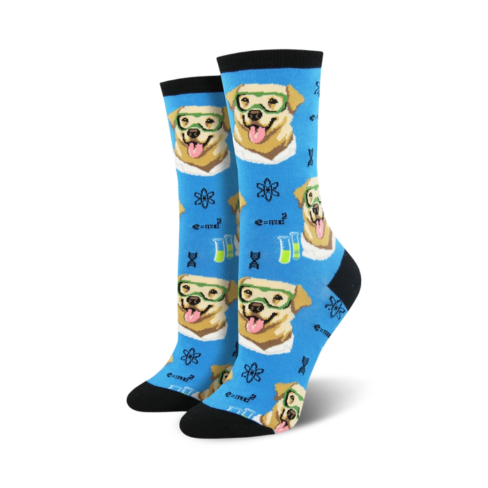 cartoon dog scientists conduct experiments in a lab setting on blue crew socks for women.   