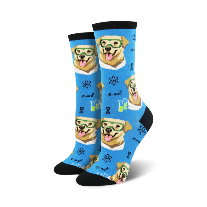 Pair of crew socks featuring a light-brown lab-coat-wearing dog pattern on a light-blue background.  Design includes beakers, atoms, and DNA strands.