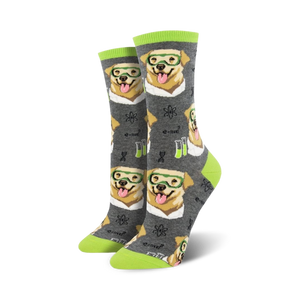 Lifestyle product shot showing the gray Science Lab socks on a person's feet.