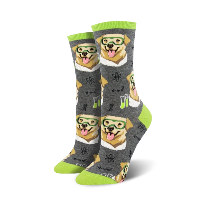 gray crew socks with cartoon golden retrievers in lab coats and science items. womens  