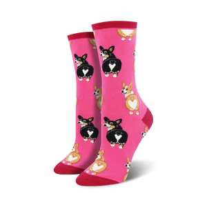 Pair of crew socks, pink, gray, or blue; featuring repeated pattern of adorable corgi butts with heart-shaped markings.