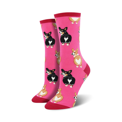 Pair of crew socks, pink, gray, or blue; featuring repeated pattern of adorable corgi butts with heart-shaped markings.