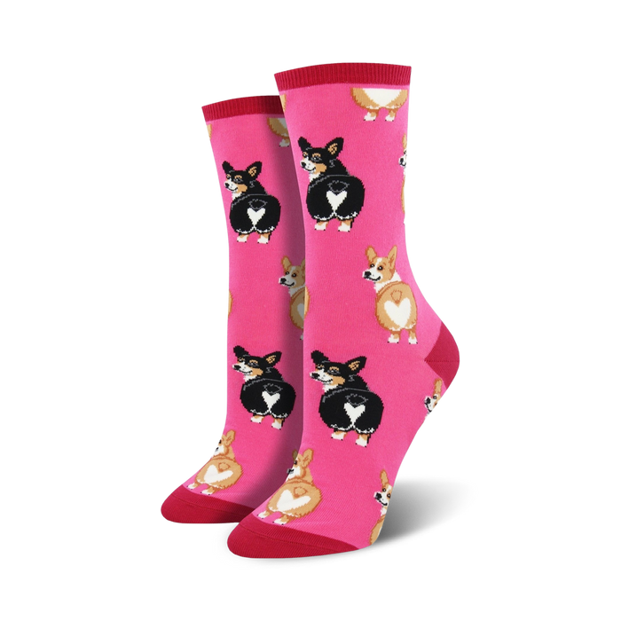 Pair of crew socks, pink, gray, or blue; featuring repeated pattern of adorable corgi butts with heart-shaped markings.
