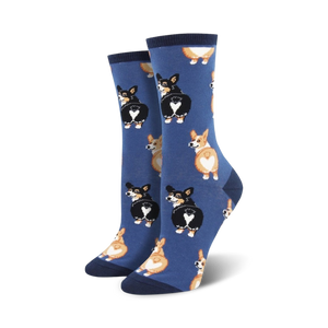 Flatlay image showing multiple pairs of Corgi Butt socks in pink, gray and blue.