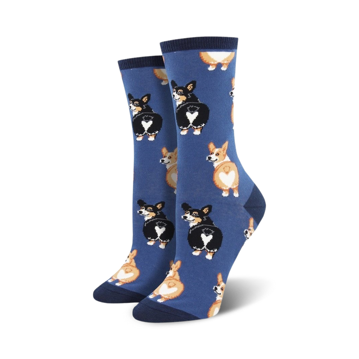 Flatlay image showing multiple pairs of Corgi Butt socks in pink, gray and blue.