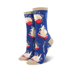 Pair of crew socks; blue and beige with a whimsical book and question mark design.