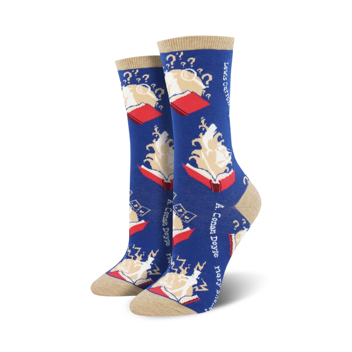 Pair of crew socks; blue and beige with a whimsical book and question mark design.