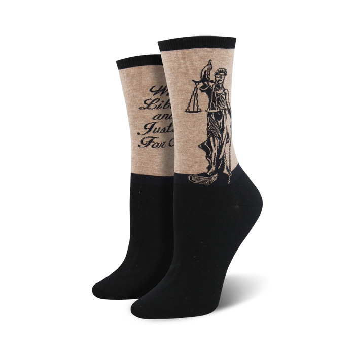 Pair of women's crew socks. Tan top with black-ink Lady Justice graphic and quote. Black bottom. }}