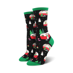christmas campers crew socks for women - black with red, white, green pattern  