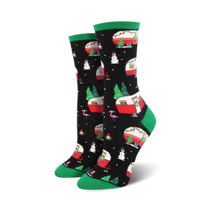 Lifestyle shot showing the Christmas Camper socks on a model's feet, highlighting their fit and fun design.