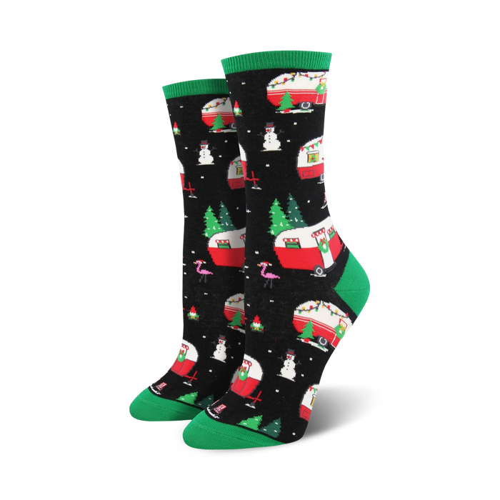 christmas campers crew socks for women - black with red, white, green pattern  
