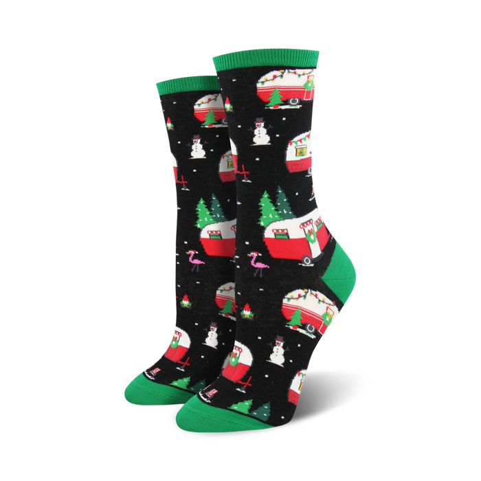 Lifestyle shot showing the Christmas Camper socks on a model's feet, highlighting their fit and fun design.