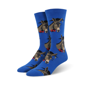 Pair of crew socks; blue background, donkeys wearing glasses and graduation caps, red bow ties.