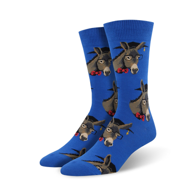 Pair of crew socks; blue background, donkeys wearing glasses and graduation caps, red bow ties.