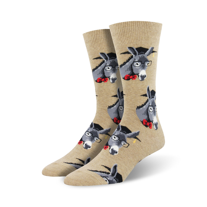 sock it to 'em with these funny donkey socks - crew socks for men featuring a pattern of cartoon donkeys wearing horn-rimmed glasses and bow ties.   