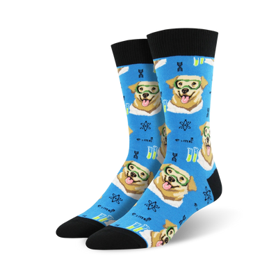 Pair of blue crew socks featuring adorable dogs in lab coats and glasses, alongside beakers, atoms, and DNA strands.
