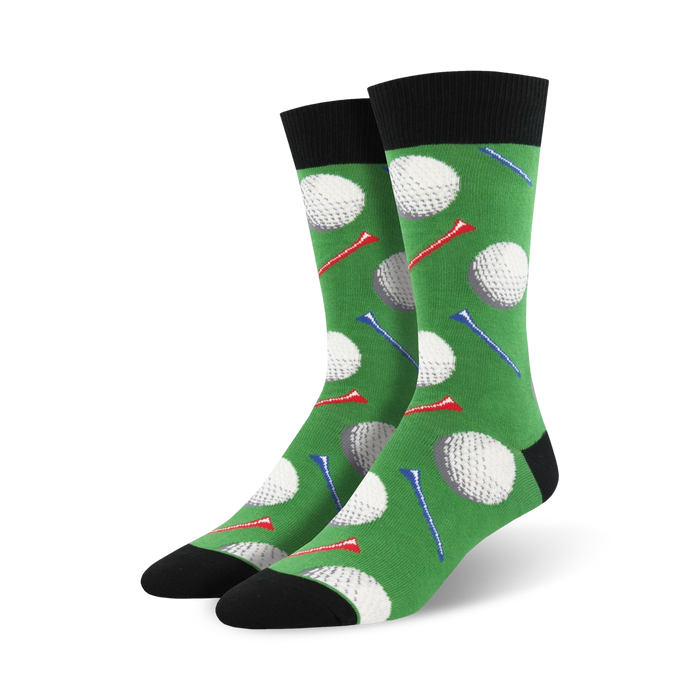 mens crew socks with green golf ball and red, white, and blue golf tee pattern  